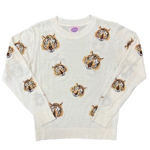 Sparkle City white sweater with tiger heads